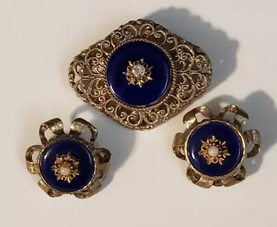 Vintage Filigree Royal Blue Enamel Gold Tone Pin Clip Earrings • $22.50