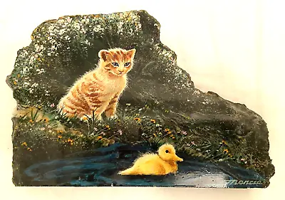 Marcia Abramsohn Painting On Verdi Antique Marble Red Tiger Cat And Yellow Duck • $75