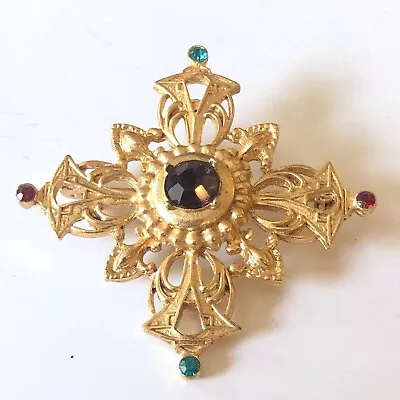 Vintage Brooch Cross Royal Gold Tone  Open Work Medieval Pin Unsigned Costume   • $25