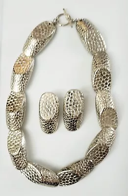 Vintage Silvertone Snake Alligator Pebble Textured 18  Necklace 1 7/8 Earrings  • $49.99