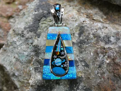 Rich Blues Galaxy Night Sky Sterling Silver 925 Gemstone Micro Inlay Pendant J3 • $149.95