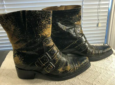 Miu Miu Calzature Donna Cracle 7 Ebano Distressed 2 Strap Moto Boots Size 39 • $359.99