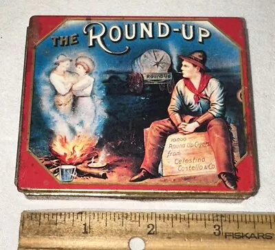 Antique Round Up Tin Litho Cigarette Cigar Tobacco Can Cowboy Wagon Old West • $23.84