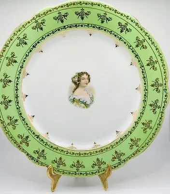 Antique Carlsbad Austria Porcelain Portrait Cabinet Plate Green Gold • £16.14