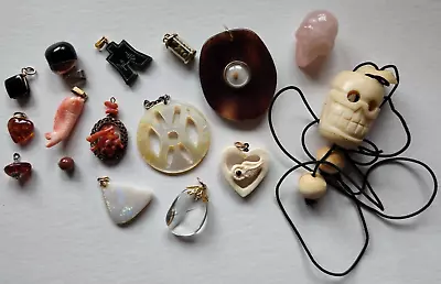 16 Vtg Bone Stone Skull MOP Coral Mustard Seed Koi Fish Amber Misc. Pendant Lot • $44.99