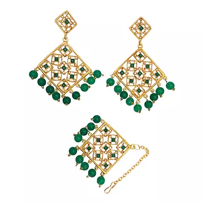 Green Bridal Maang Tikka Earrings Set Bollywood Jadau CZ GoldTone Indian Jewelry • $23.64