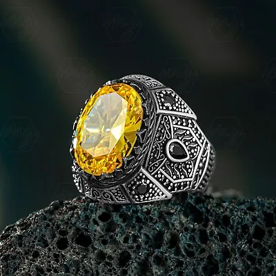 925 Sterling Silver Yellow Citrine Stone Turkish Handmade Men's Ring • $49.90