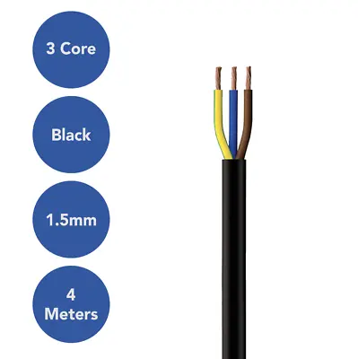 4 Meters 3183Y 13 AMP Electrical Cable Black Round Mains Wire Flex 1.5mm 3 Core • £12.50