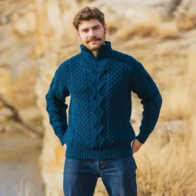 SAOL Irish Fisherman Merino Wool Sweater Men's Cable Knit Aran Zip Neck Cardigan • $129.90