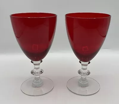 Morgantown Glass Radiant Red Water Goblet 6.25” Tall Clear Stem 8 Oz Set Of 2 • $39.93