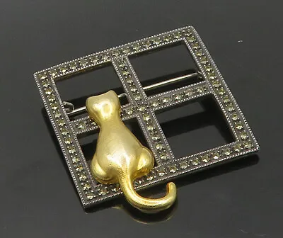 JUDITH JACK 925 Silver - Vintage Marcasite Cat & Window Sill Brooch Pin - BP6974 • $101.25