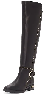 Vince Camuto Poppidal Black Leather Knee High Stretch Riding Block Heel Boots • $49.95