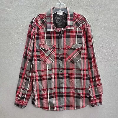 MEC&S Men Button Up Shirt Medium Red Plaid Pearl Snap Long Sleeve Pockets Collar • $11.14