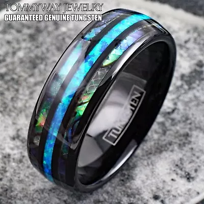 8mm Black Tungsten Carbide Abalone Hawaiian Blue Opal Men's Wedding Band Ring • $24.99