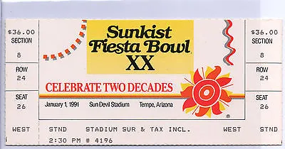 $95 • Buy 1991 Fiesta Bowl Game Ticket Stub, Louisville Cardinals Vs Alabama Crimson Tide