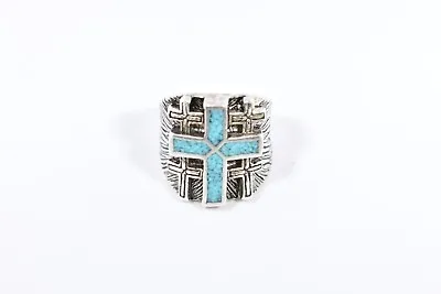 1980's Vintage Silver White Bronze Size 8.25 Men's Cross Inlay Ring • $44