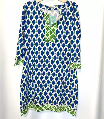 NWT Barbara Gerwit Women's V-Neck Stretch Shift Dress 3/4 Sleeve XL  Blue/ Green • $31.50