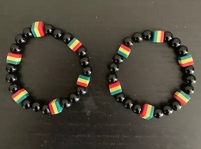 $3.50 • Buy Tiger Smile Rasta Beads Elastic Bracelet Black Green Yellow Red Set Of 2 -Square