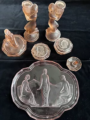 Stunning Pink Glass Art Deco Antique Vanity Dressing Table Set Walther Sohne • £130