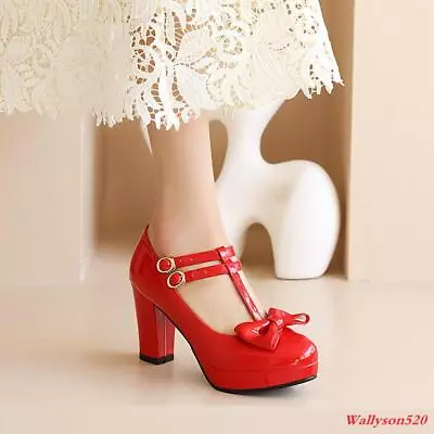 Womens Lolita Mary Jane Bowknot Lace High Block Heels Buckle T-Strap Party Shoes • $55.38