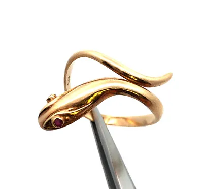 Vintage 14K Yellow Gold Ruby Polished Snake Bypass Size 9 Cocktail Ring • $375