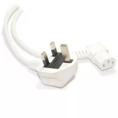 Power Cord UK Plug To Right Angle IEC C13 Cable (kettle Lead) 2m White • £7.69