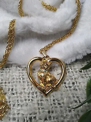 AVON Adorable Vintage Gold Tone Cat Heart Pendant Blue Rhinestone Necklace! • $20