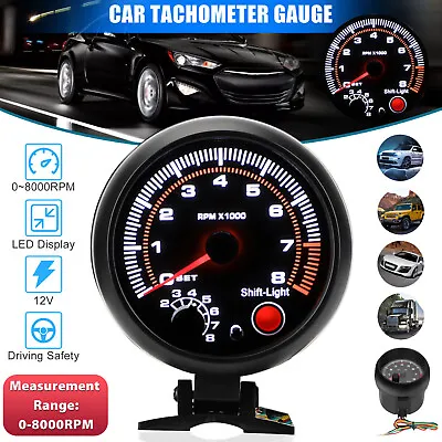 Universal 3.75  Car Tachometer Tacho Gauge Meter LED Shift Light 0-8000 RPM 12V • $19.98
