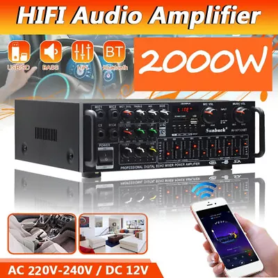 2000W Digital Bluetooth Stereo Amplifier Amp HIFI 2CH Tuner USB SD 4Mic Inpurt  • £39.80