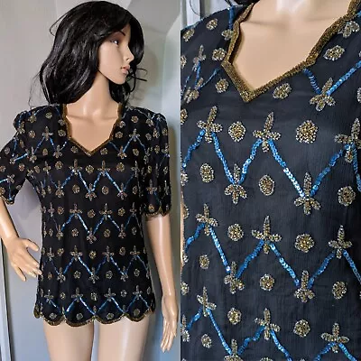£22.99 • Buy Vintage After Six Ronald Joyce Silk Beaded Top Blouse Evening 10 12 38