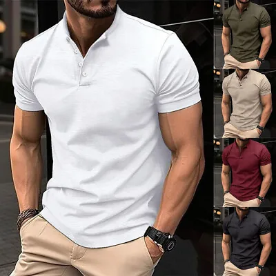 Mens T-Shirt Short Sleeve Henley Grandad Collar Tee Plain Casual Button Top New • £3.59