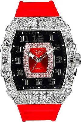 Men Iced Watch Bling Rapper Simulate Lab Diamond Rubber Luxury Rectangle Silver • $23.99