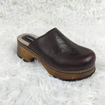 Vintage Candies Wood Platform Brown Leather Slip On Clog Shoes Women Size 4 M • $29.97