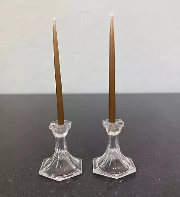 Vintage Biedermann Miniature Clear Glass Candle Sticks Holders W/ Taper Candles • $12