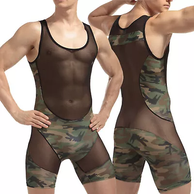 US Men's Front Zipper Bodysuit Workout Wrestling Singlet Unitards Tank Jumpsuit  • $8.64