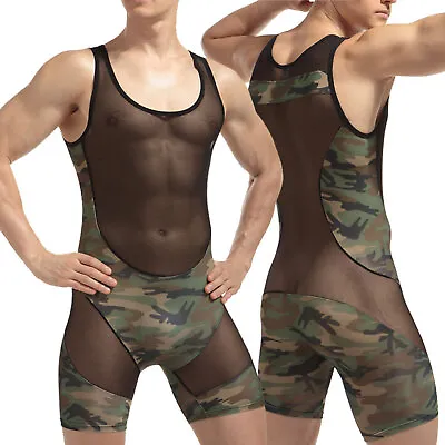 US Men's Short Sleeve Bodysuit Zipper Front Gym Workout Romper Overall Jumpsuit • $8.82