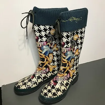 Women's Ed Hardy Green Death Glory Rain Boots Size 7 • $39.99