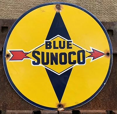 Vintage Blue Sunoco Gasoline 11 3/4  Porcelain Metal Gas Sign Sun Oil Company • $9.99