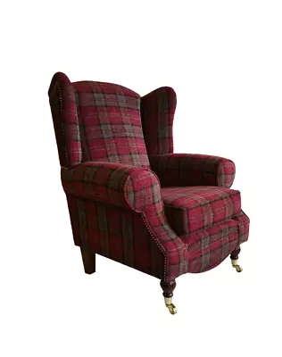 Accent Wing Back Queen Anne Cottage Chair Lana Red Tartan Dark Wood Castor Legs • £479