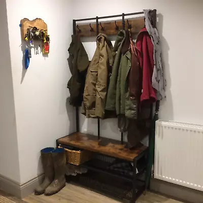 Large Rustic Coat Rack With Seat Entryway Shoe Rack Hall Tree Shoe Bench Shelves • £135