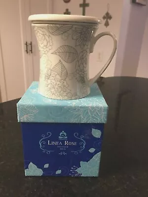 Teavana Linea Rose Bone China Infuser Mug Cup W/ Lid 10 Oz Floral White Gray EUC • $17.95