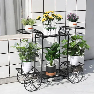 $39.99 • Buy Large Metal Garden Cart Plant Stand Flower Display Rack Holder Fr Indoor Outdoor