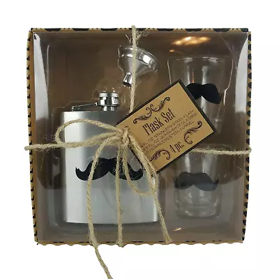 4 Piece Flask Set Mustache Flask 2 Shot Glasses Funnel ~ New In Box Gift Set • $9.95