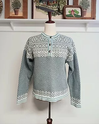 LL Bean Vintage Sweater Womens Medium Blue Nordic Fair Isle Cotton Popover • $25