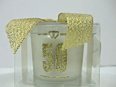 Votive Candle In Gold Glitter Frosted Glass Holder 50th Anniversary Ribbon 2 X2  • £7.68