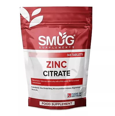 Zinc Citrate 50mg By SMUG Supplements - 365 Tablets - 1 Year Supply Zinc Tablets • £6.99