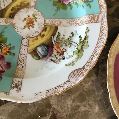 2 Meissen Plates Watteau Courting Scene Cranberry Turquoise Gold & Floral • $36.95