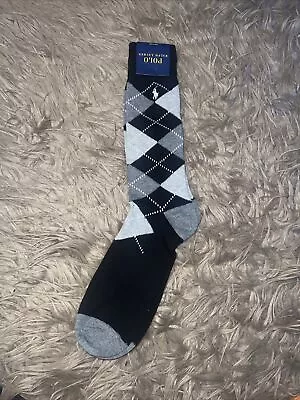 Polo Ralph Lauren Men Argyle Socks Black Grey Toe White Dress Mid Calf Logo NWT • $16.99