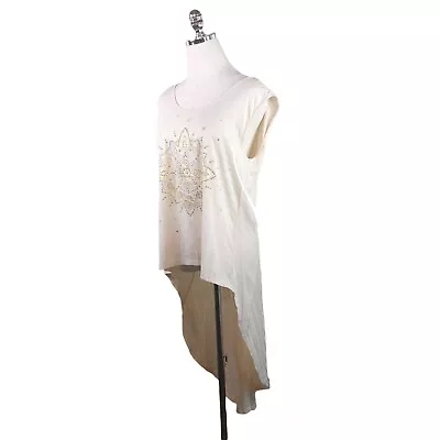 Miss Me Top Womens Medium Ivory Gold Metallic Studded Pullover Hi-Low Sheer • $19.44