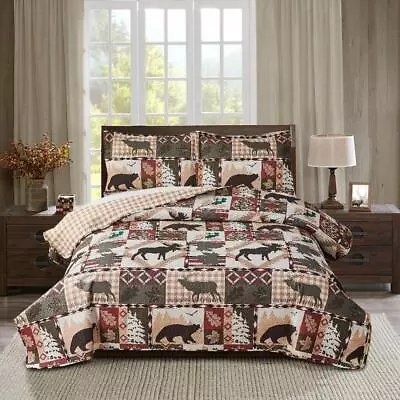 Rustic Lodge Quilt Set King Size Country Cabin Bedspread Coverlet King Moose • $57.49